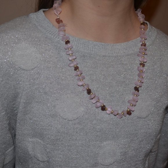 Handmade Necklace Pink Glass & Quartz Natural Stones Beads Elastic 10' in half - Picture 4 of 4
